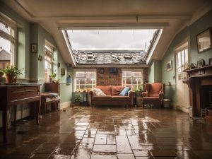 Illustration image of a wet home interior due to a damaged roof.